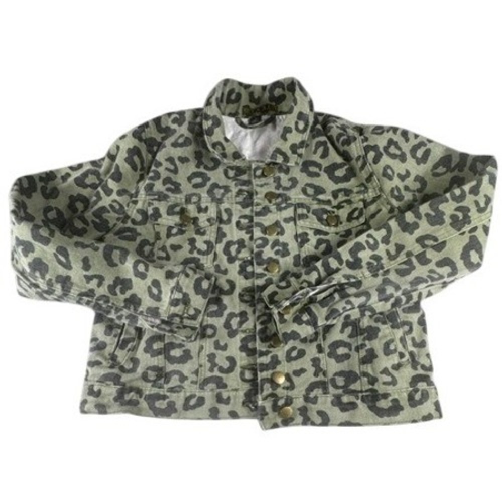 Taxi Denim Jacket Womens M Olive Green Leopard Print Cotton Trucker‎